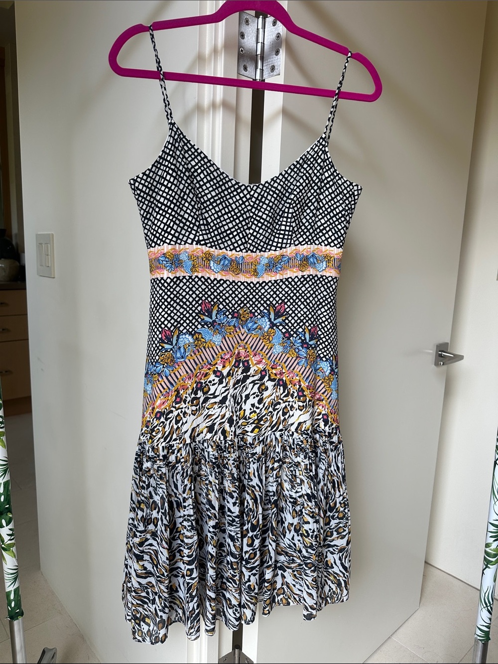 SALONI Black and White Printed Midi Dress with Blue and Yellow Accents
